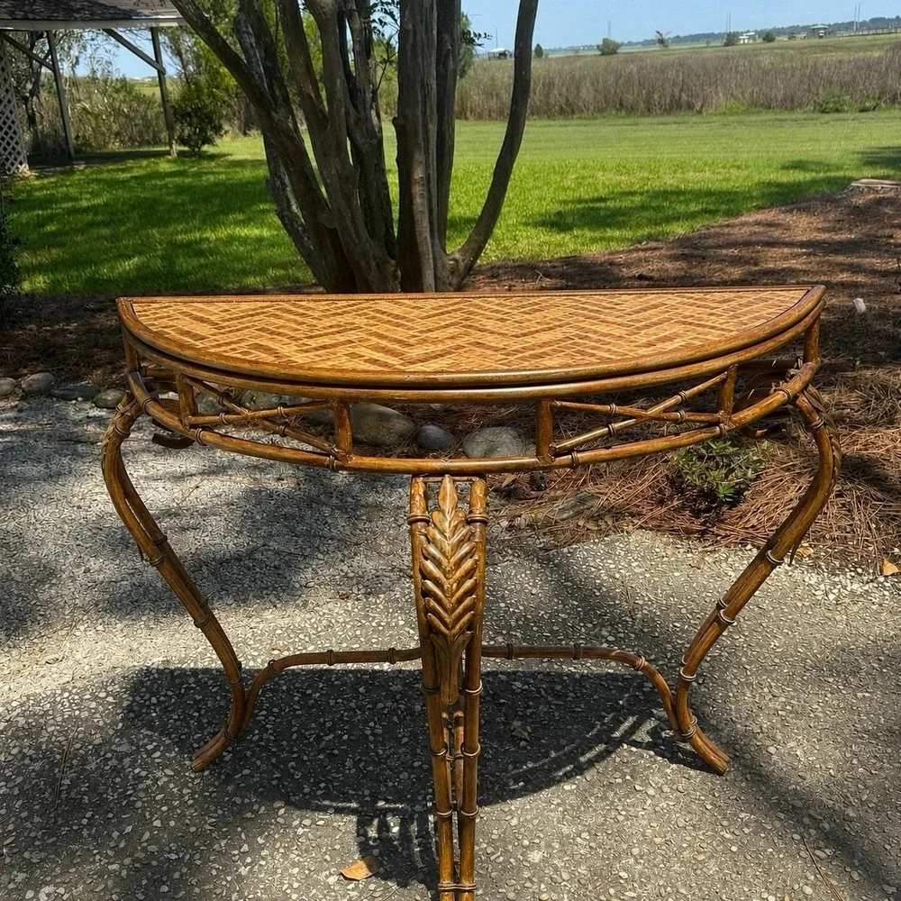 Vintage Regency Faux Bamboo Demilune Console Table Woven Metal Charleston Estate